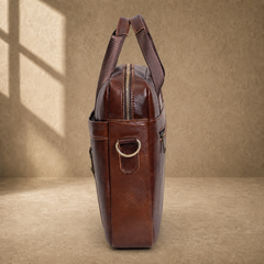 Coffee brown cowhide laptop briefcase side profile