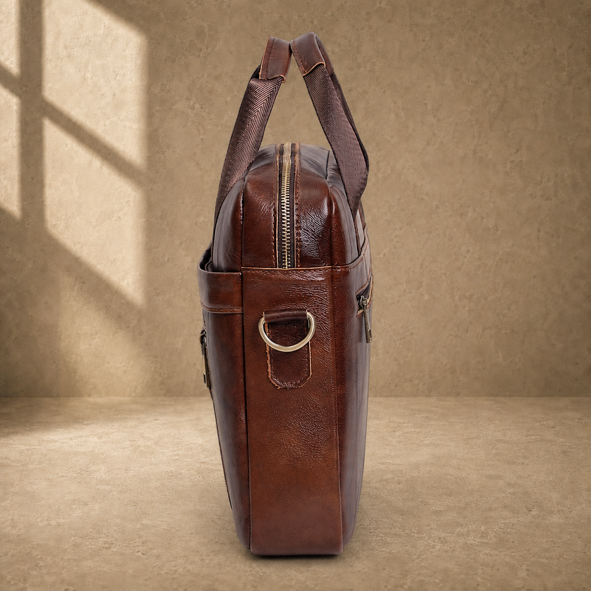 Coffee brown cowhide laptop briefcase side profile