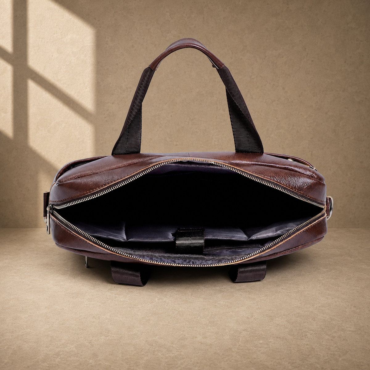 Coffee brown cowhide laptop briefcase empty interior view