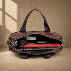 Coffee brown cowhide laptop briefcase packed capacity view
