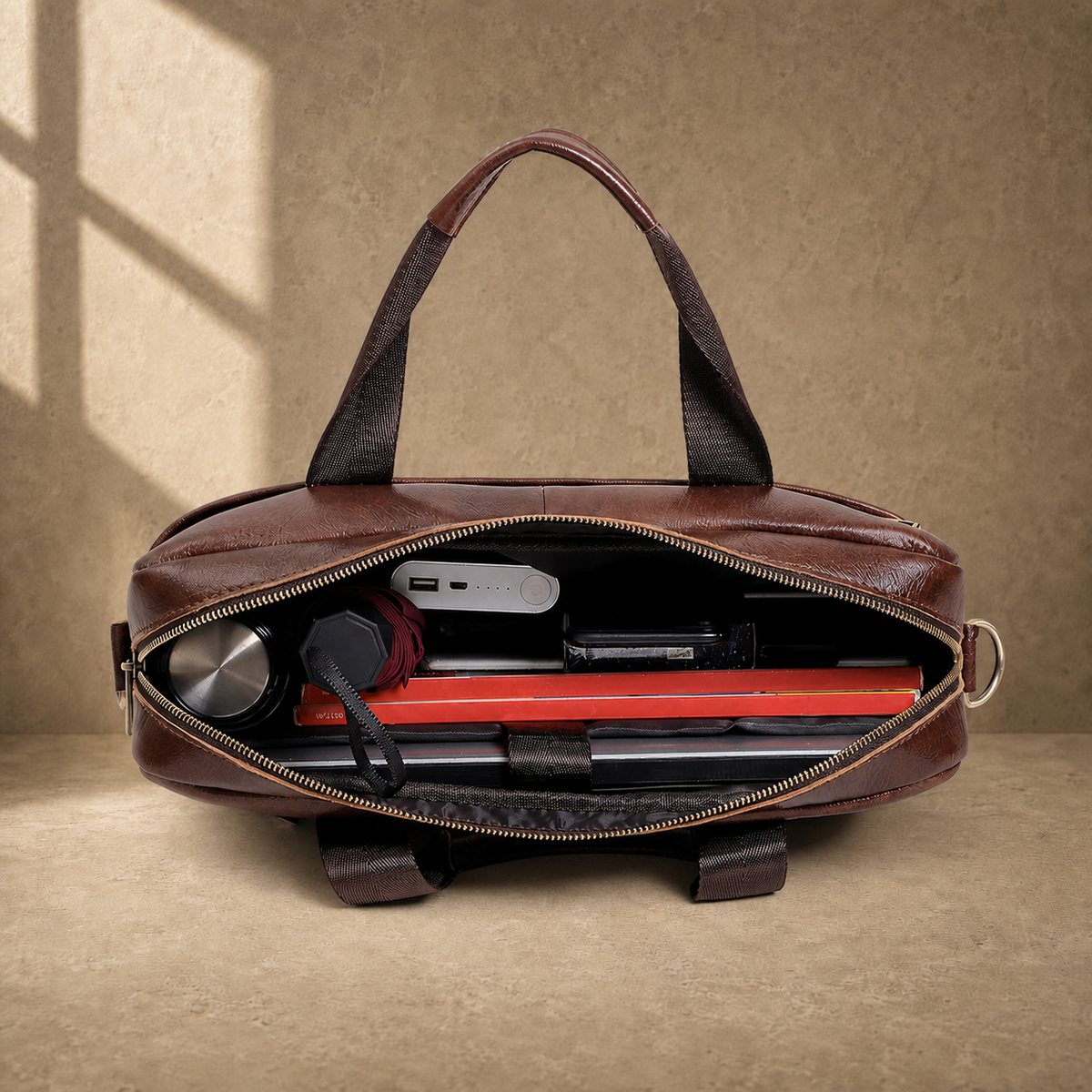 Coffee brown cowhide laptop briefcase packed capacity view