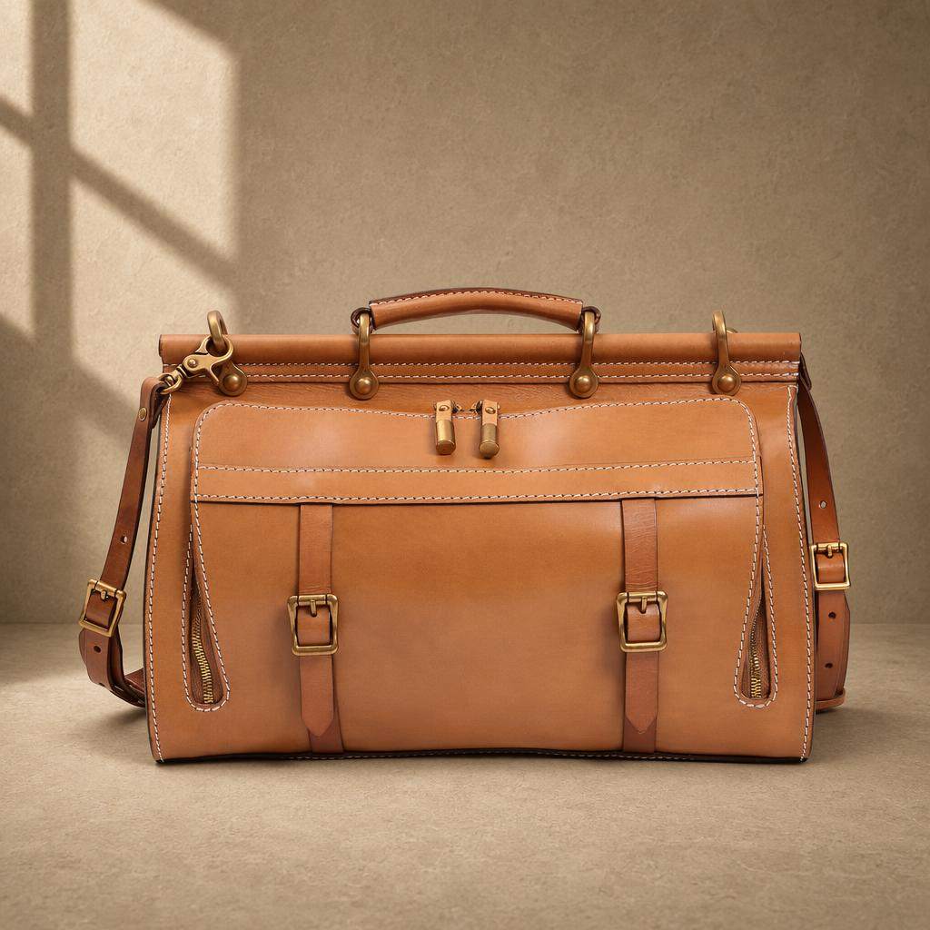 Cognac cowhide structured travel bag with shoulder strap, front view