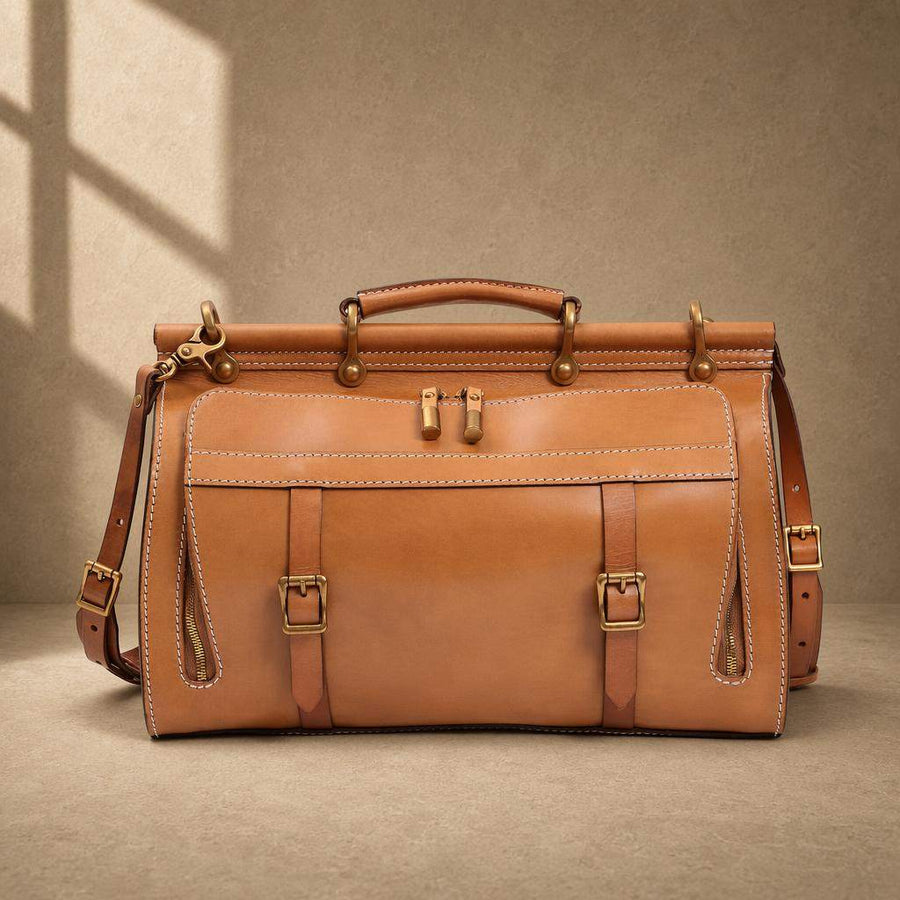 Cognac cowhide structured travel bag with shoulder strap, front view