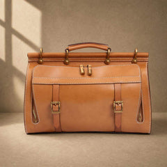 Cognac cowhide structured travel bag, clean front view