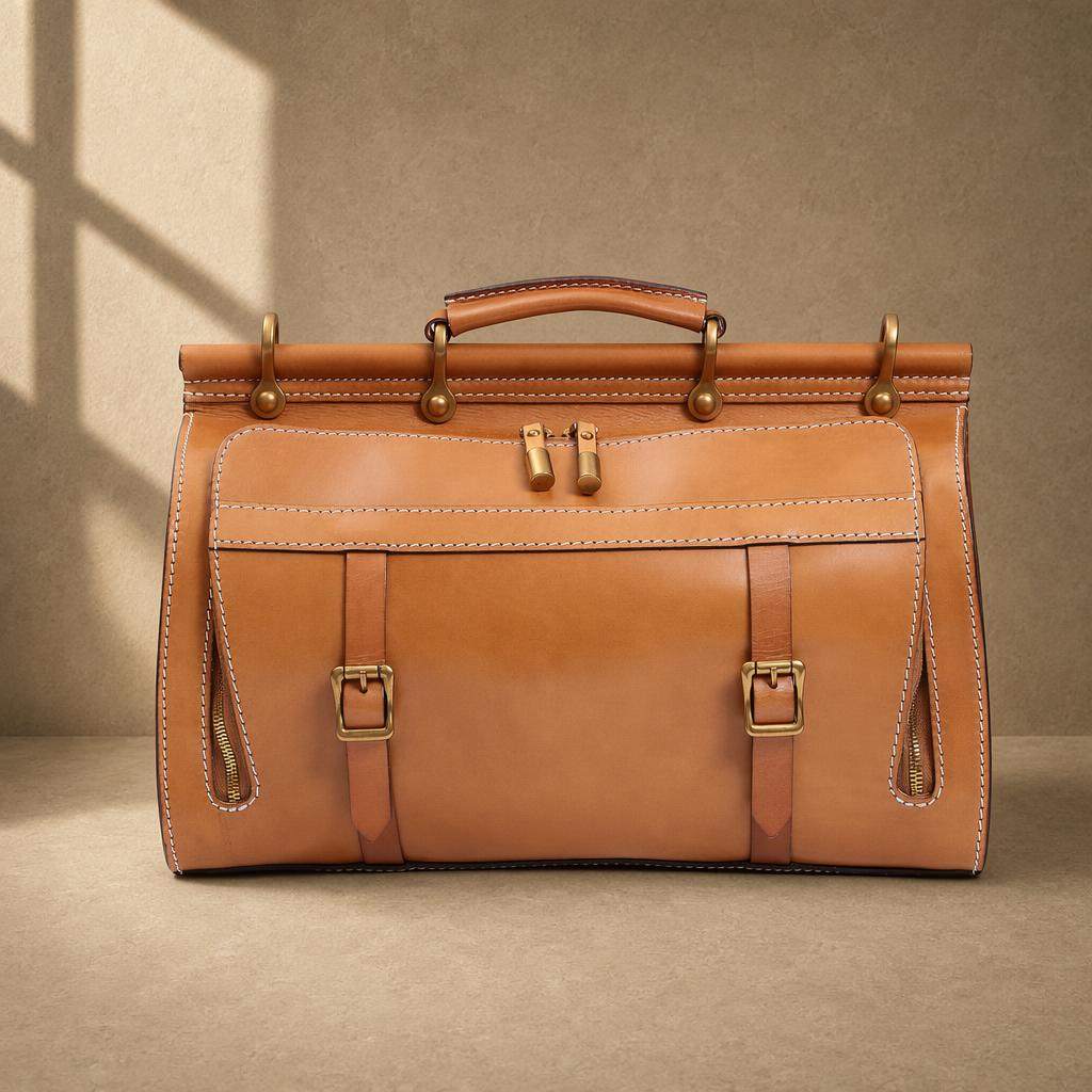 Cognac cowhide structured travel bag, clean front view