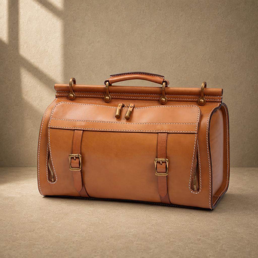 Cognac cowhide structured travel bag, three-quarter view
