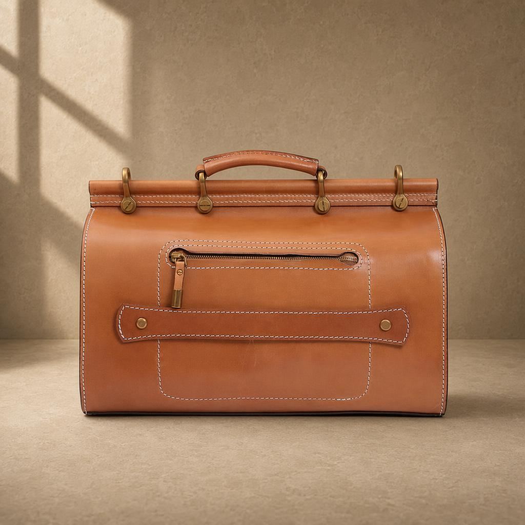 Cognac cowhide structured travel bag with rear zipper pocket