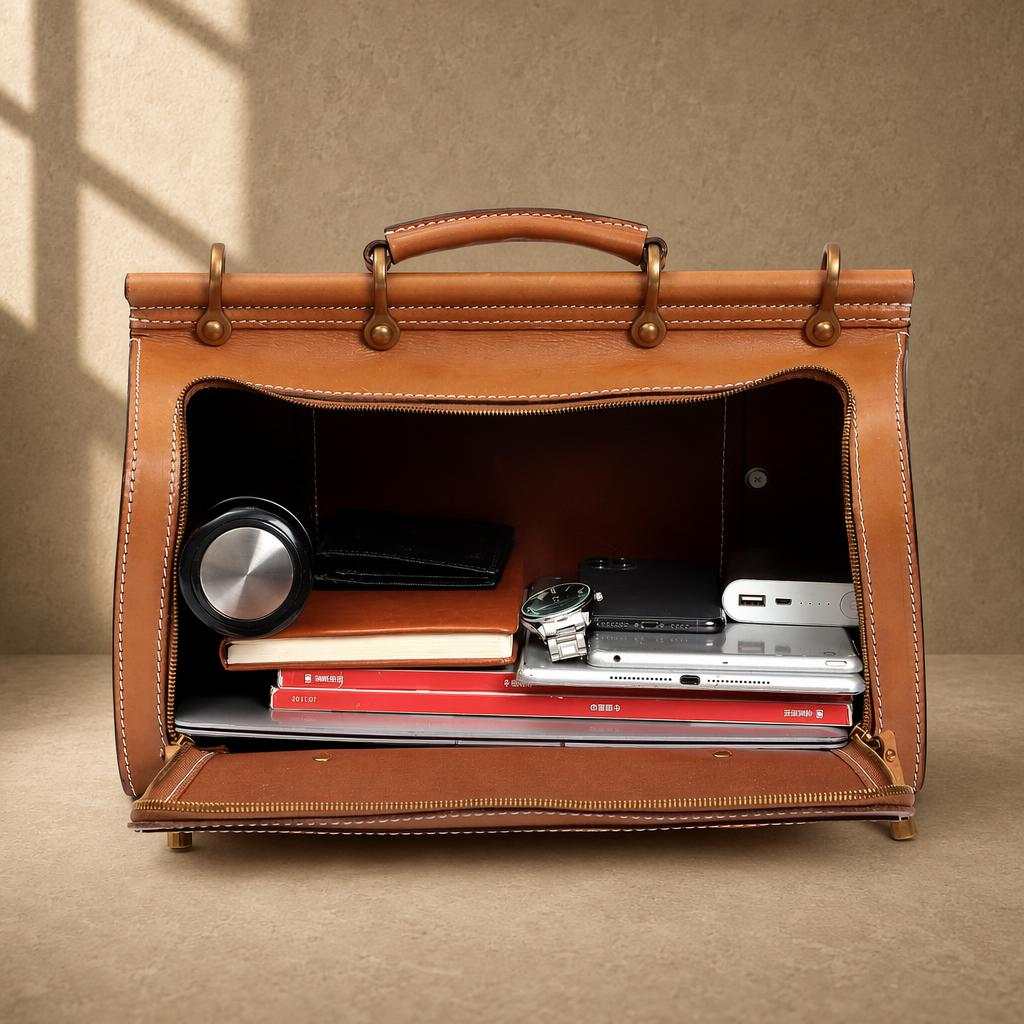 Cognac cowhide structured travel bag showing organized capacity