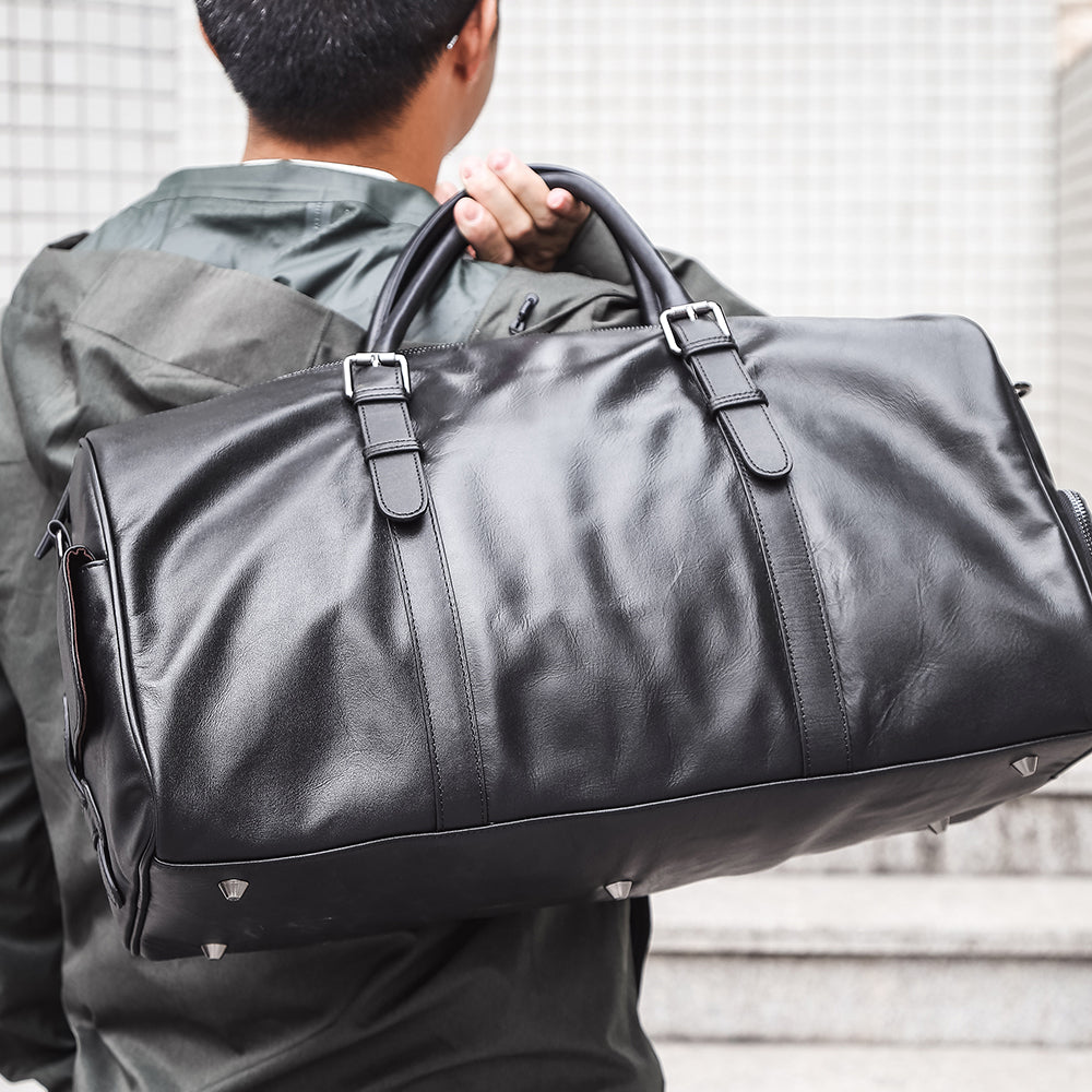 Front product view of The Expedition Black Leather Weekender