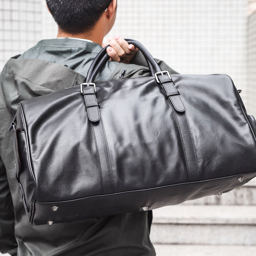 Front product view of The Expedition Black Leather Weekender