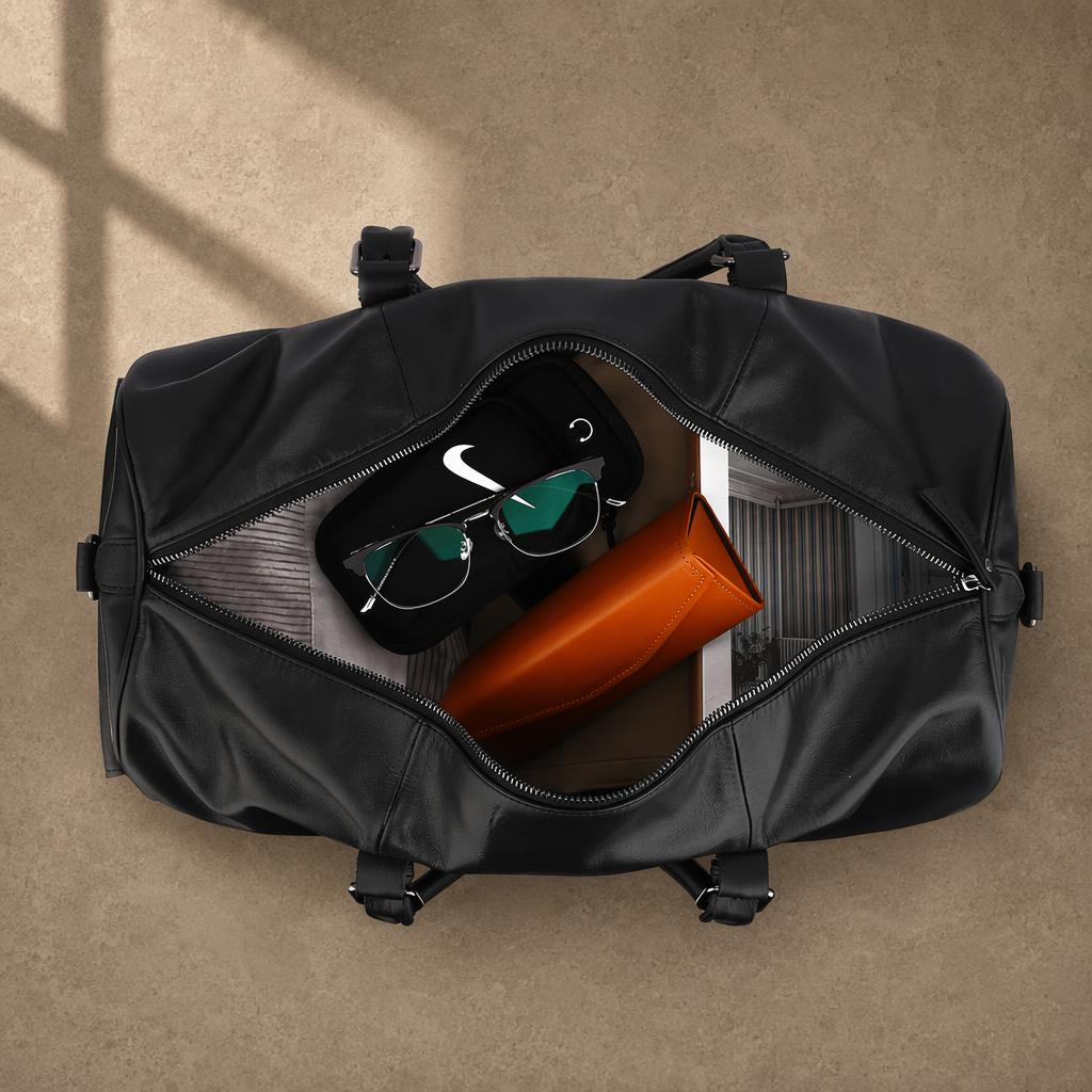 Black Leather Business Travel Duffle