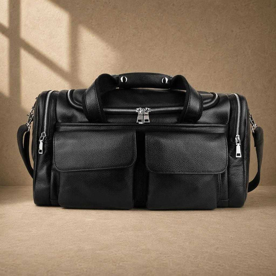 Black pebbled cowhide utility duffel with dual front pockets