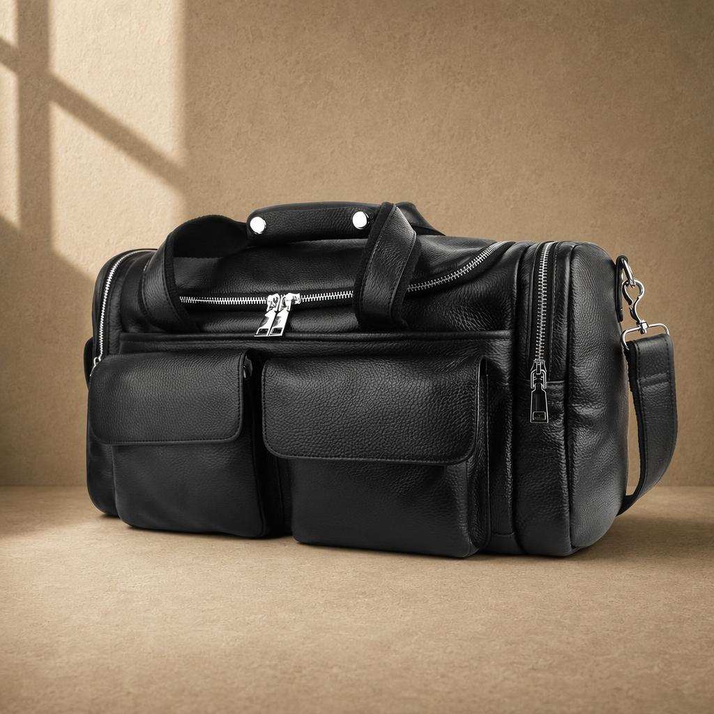 Black pebbled cowhide utility duffel, three-quarter front view