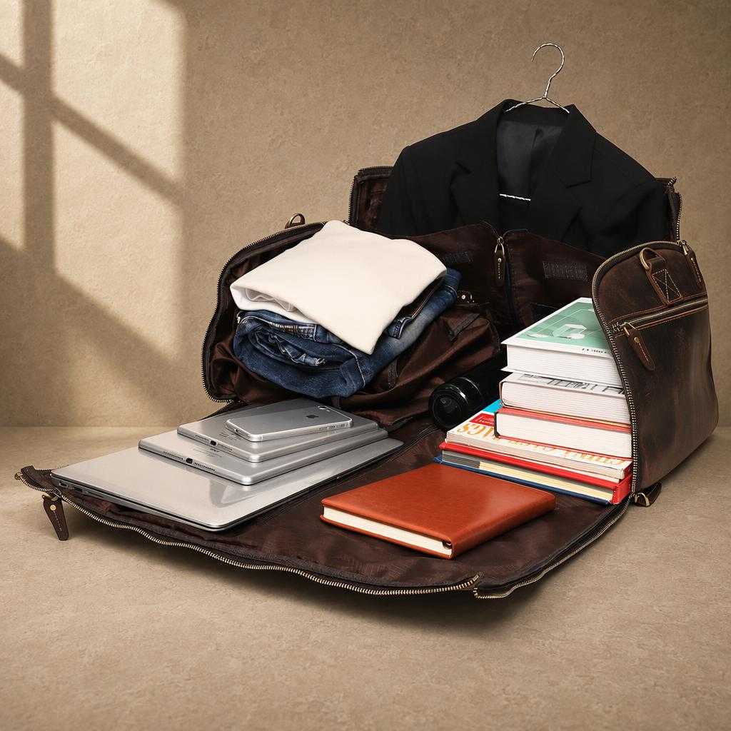 Coffee cowhide garment travel duffel fully opened with travel essentials