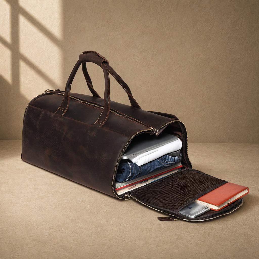 Coffee cowhide garment travel duffel showing side-access storage