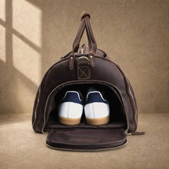 Coffee cowhide garment travel duffel with independent shoe compartment