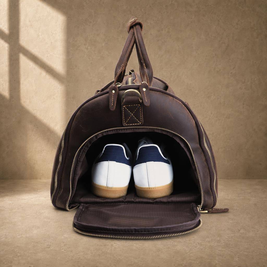 Coffee cowhide garment travel duffel with independent shoe compartment