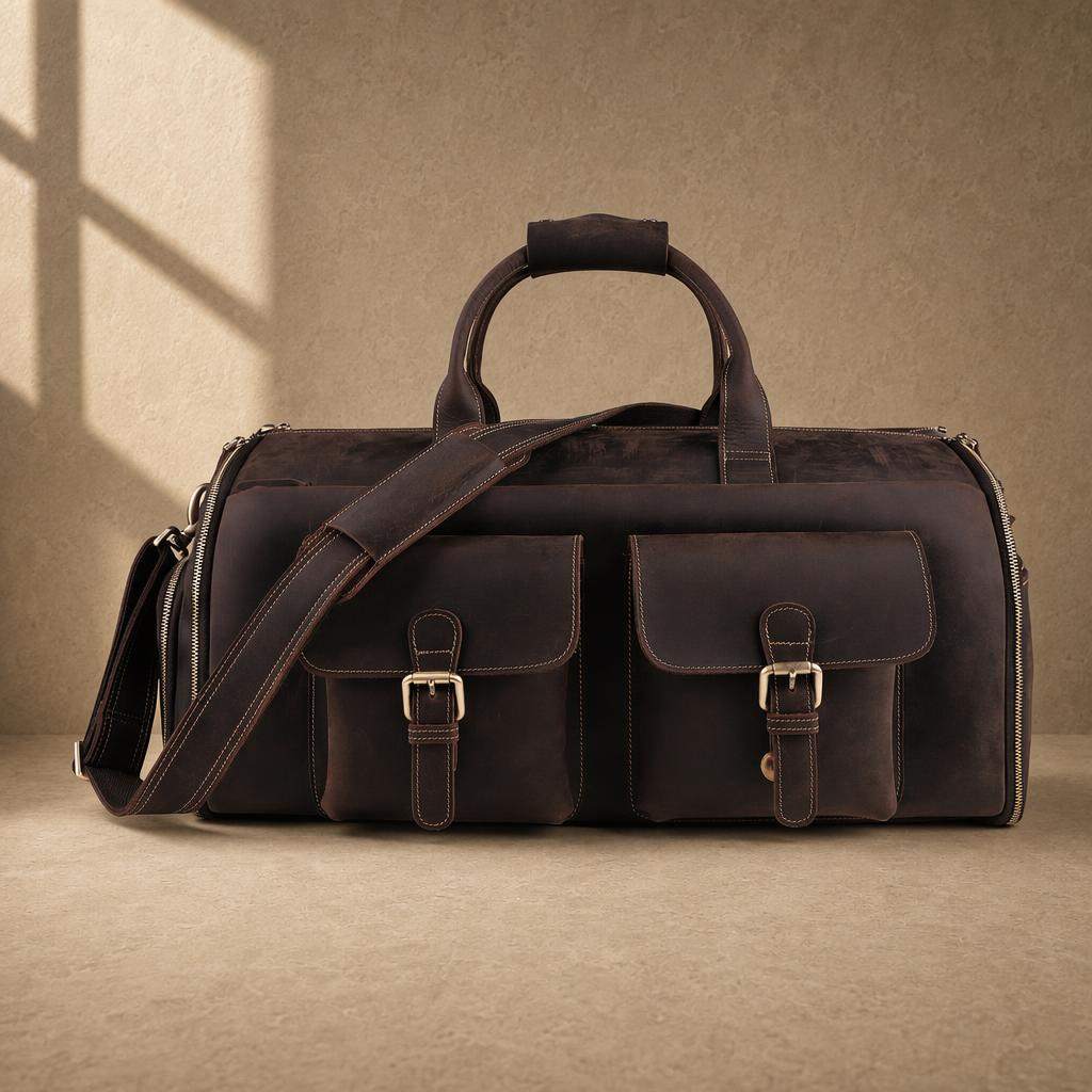 Coffee cowhide garment travel duffel with shoulder strap, front view