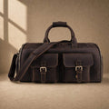 Coffee cowhide garment travel duffel with shoulder strap, front view