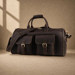 Coffee cowhide garment travel duffel, three-quarter front view