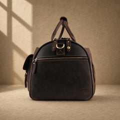 Coffee cowhide garment travel duffel, side profile