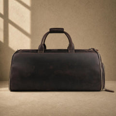 Coffee cowhide garment travel duffel, rear view