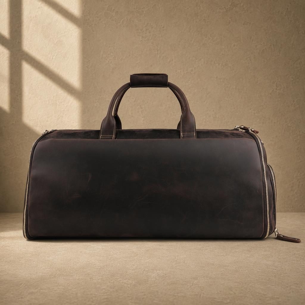 Coffee cowhide garment travel duffel, rear view