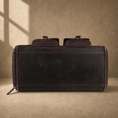 Coffee cowhide garment travel duffel, reinforced base view