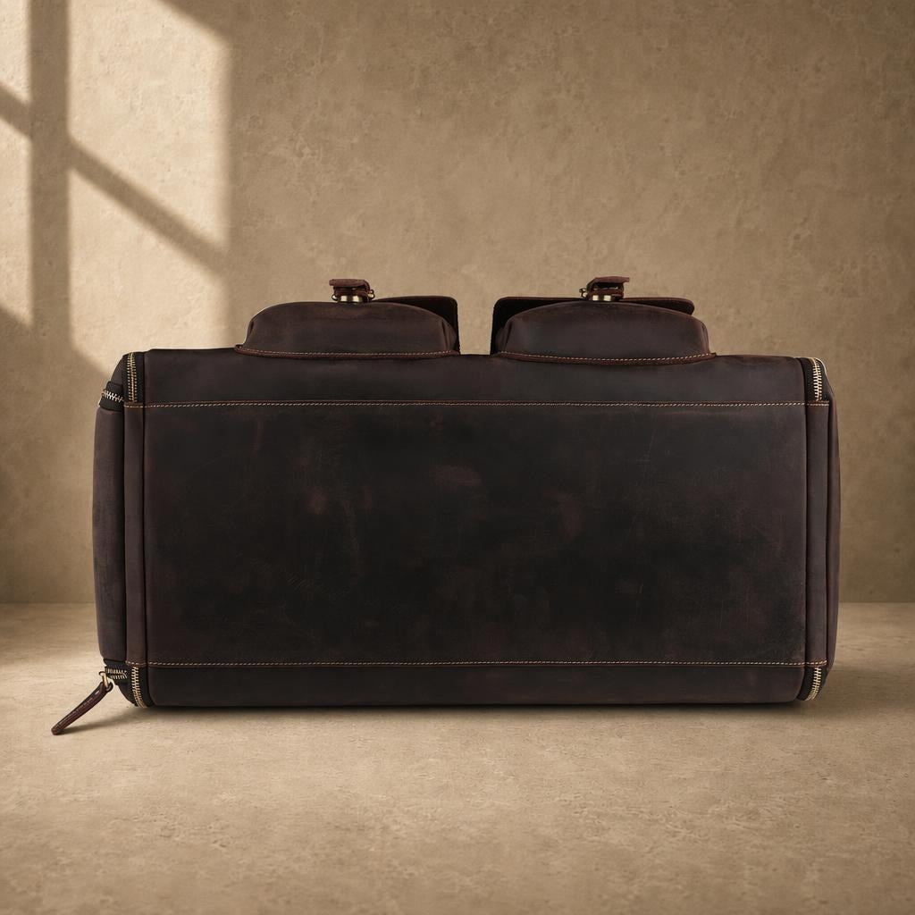 Coffee cowhide garment travel duffel, reinforced base view