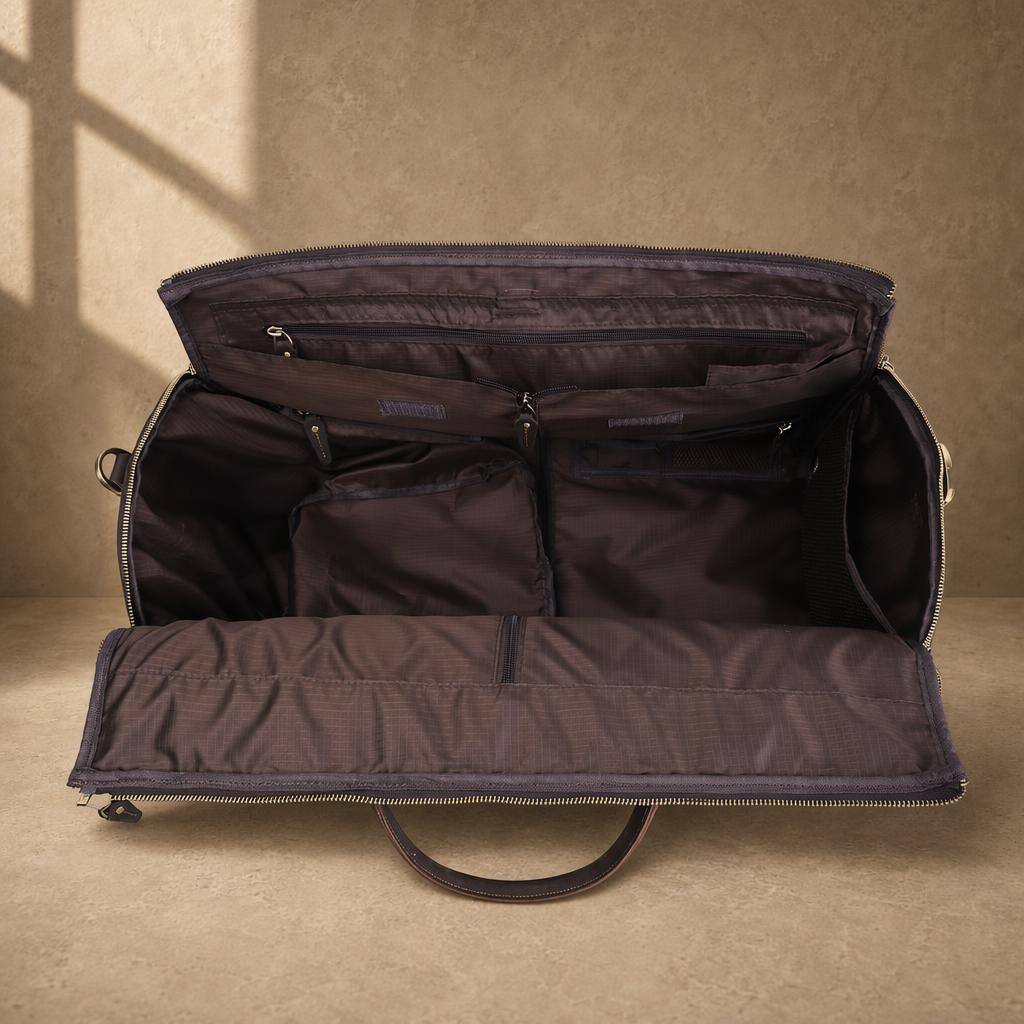 Coffee cowhide garment travel duffel with organized empty interior