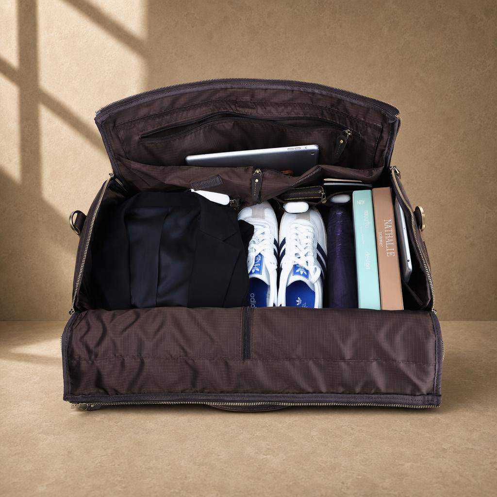 Coffee cowhide garment travel duffel showing packed capacity
