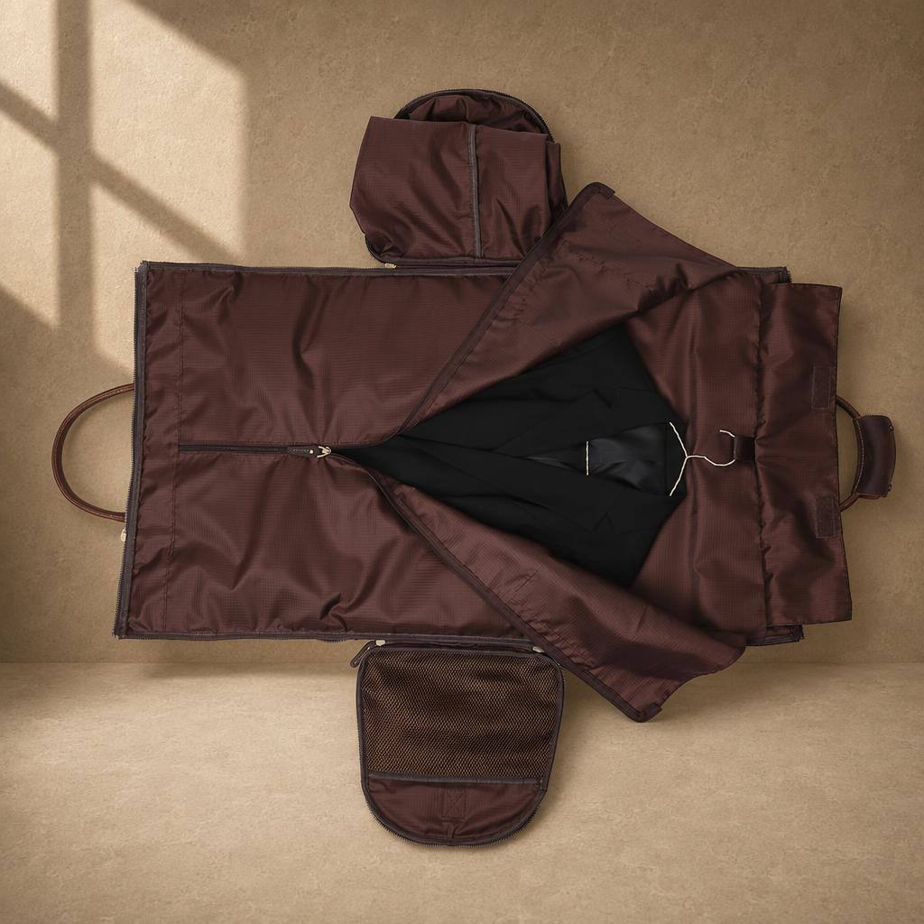 Coffee cowhide garment travel duffel with suit stored in garment section