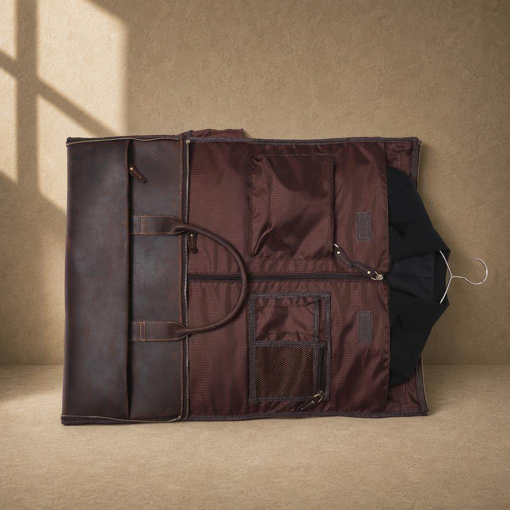 Coffee cowhide garment travel duffel open garment section and pockets