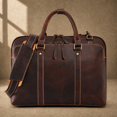 Brown leather large laptop briefcase front hero view with shoulder strap