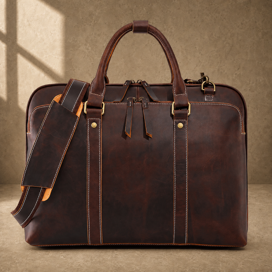 Brown leather large laptop briefcase front hero view with shoulder strap