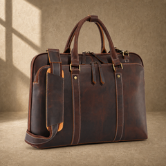 Brown leather large laptop briefcase three-quarter front view