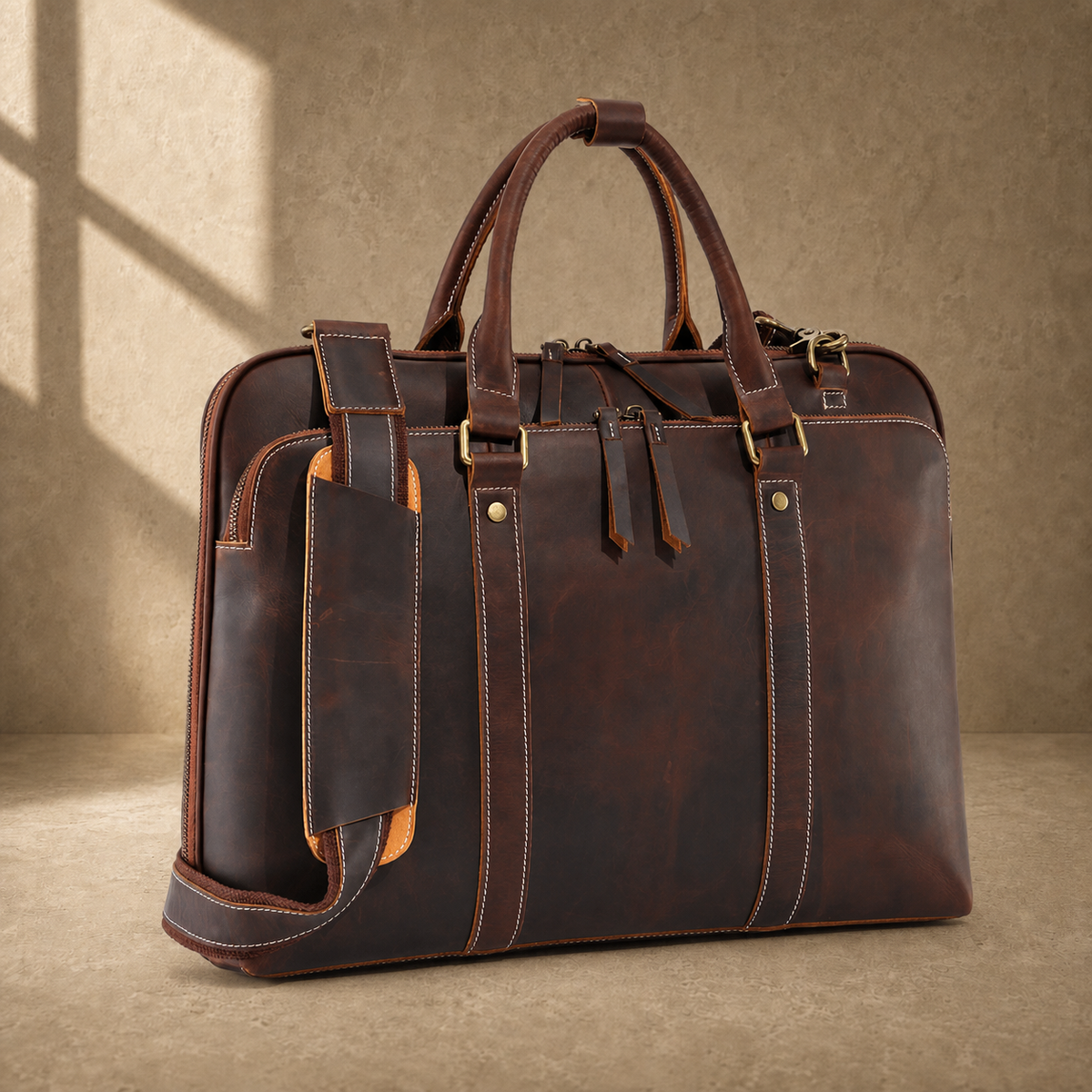 Brown leather large laptop briefcase three-quarter front view