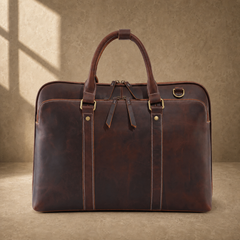 Brown leather large laptop briefcase clean front view