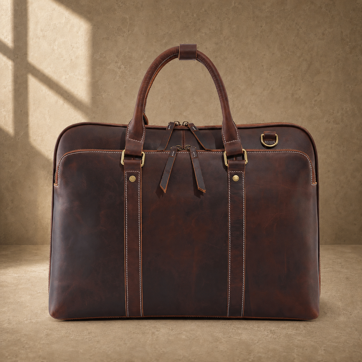 Brown leather large laptop briefcase clean front view
