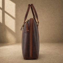 Brown leather large laptop briefcase side profile