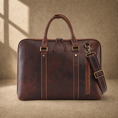 Brown leather large laptop briefcase rear view with shoulder strap