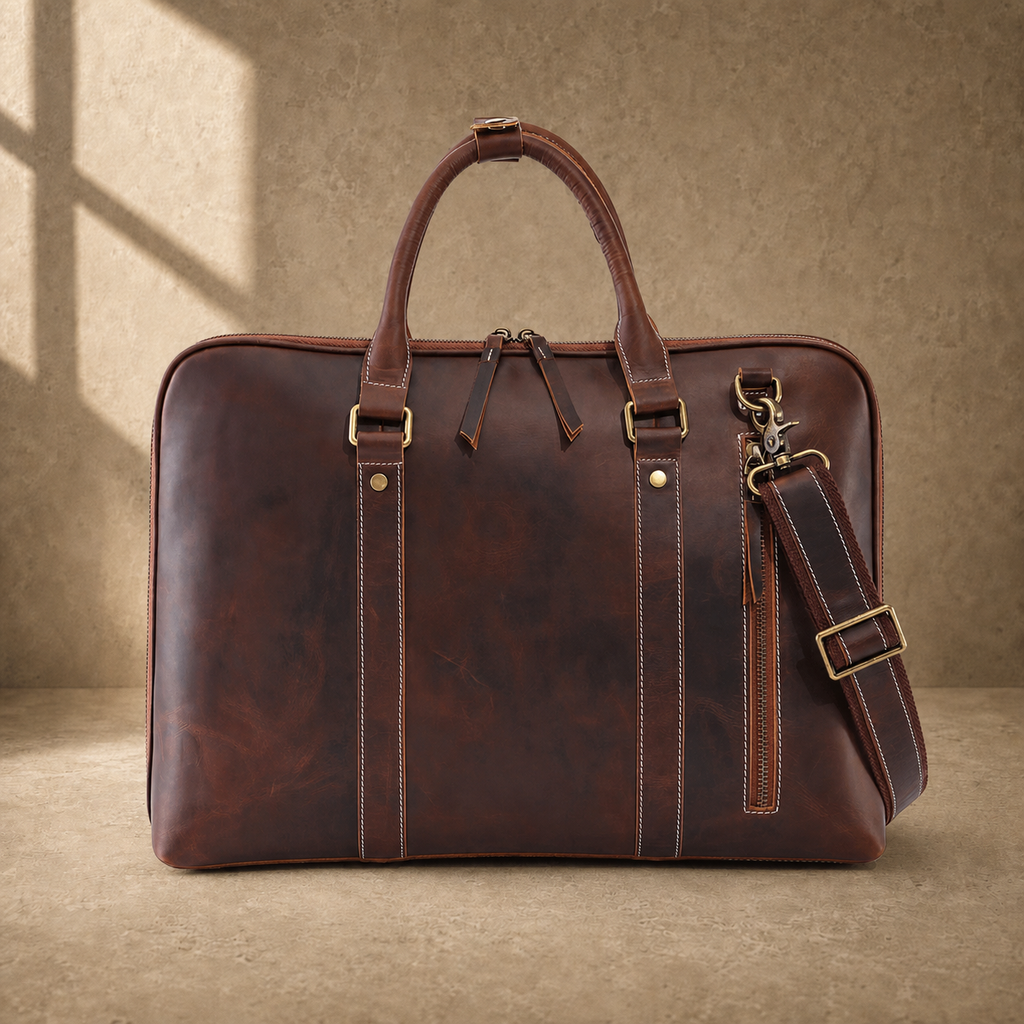 Brown leather large laptop briefcase rear view with shoulder strap