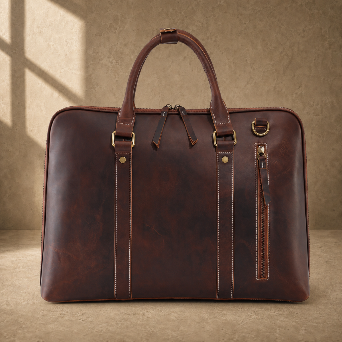 Brown leather large laptop briefcase rear zipper pocket view