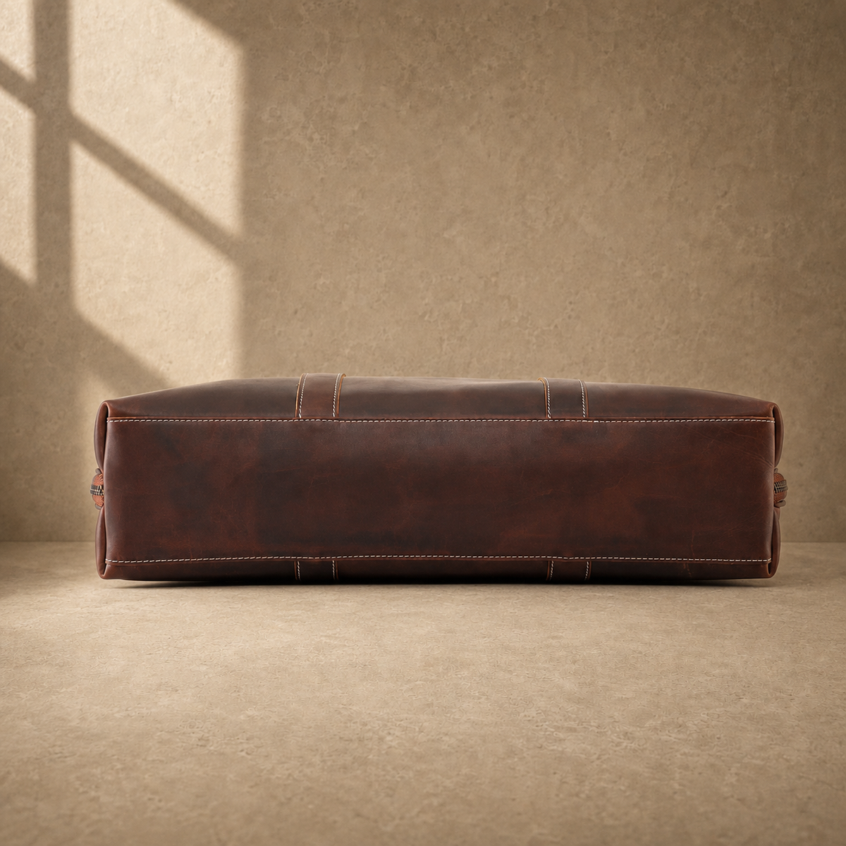 Brown leather large laptop briefcase reinforced base view