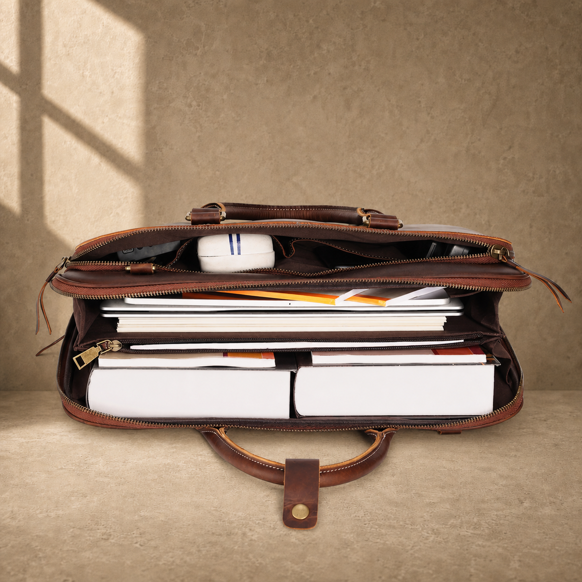 Brown leather large laptop briefcase packed dual-compartment capacity