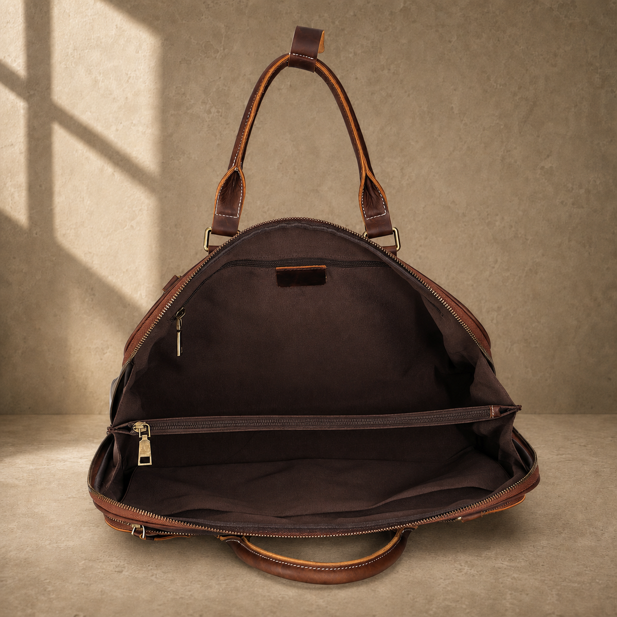 Brown leather large laptop briefcase empty organized interior