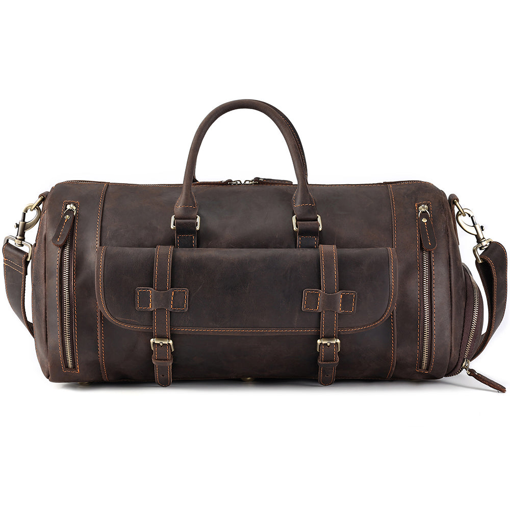 Front view of the Large coffee weekender with shoulder strap attached