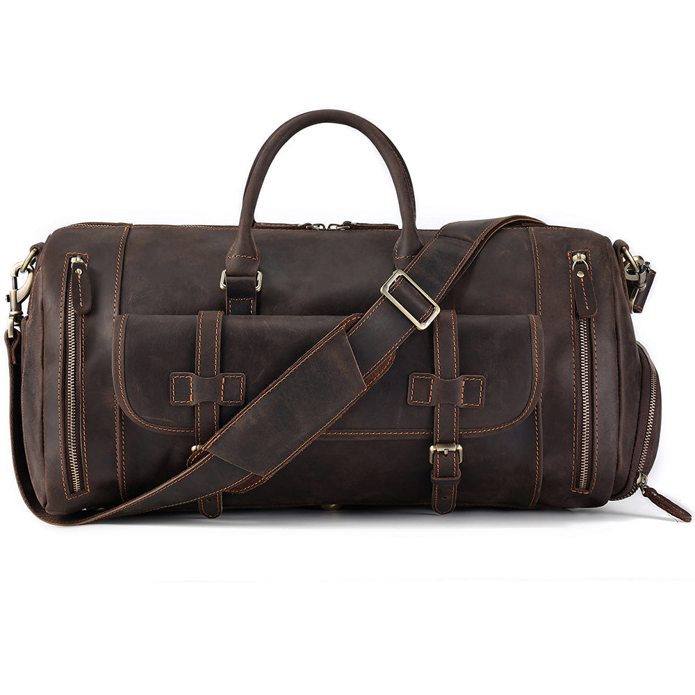 Three-quarter view of the Large coffee leather weekender