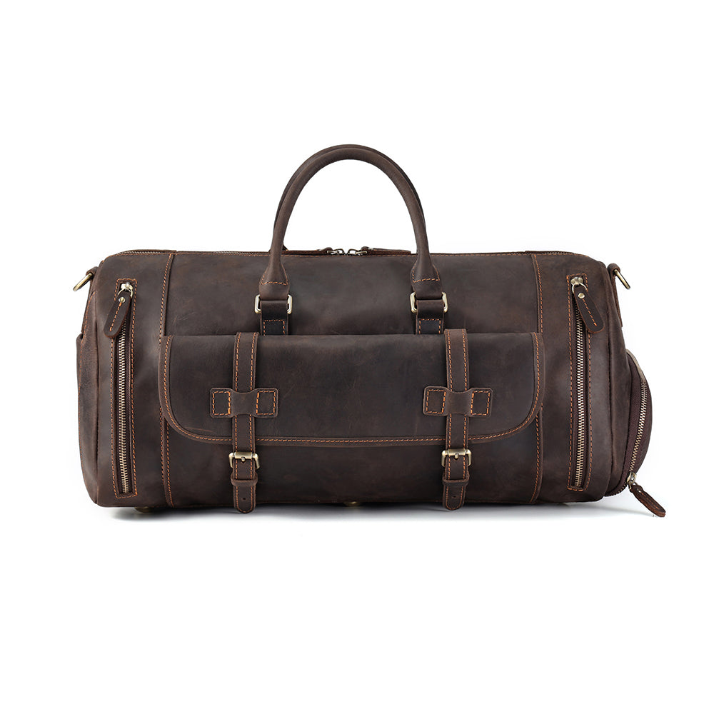 Front view of the Small Wayfarer weekender in coffee leather