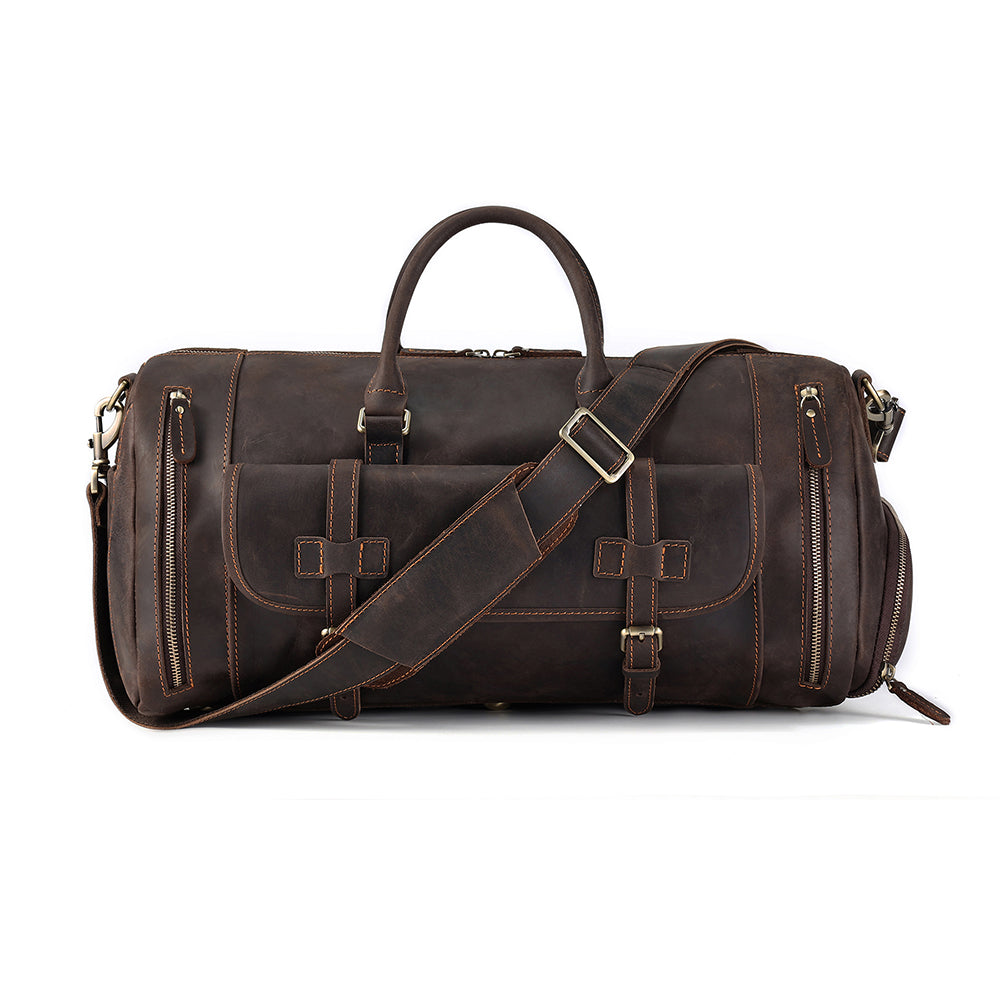 Small coffee weekender shown with its side shoe compartment